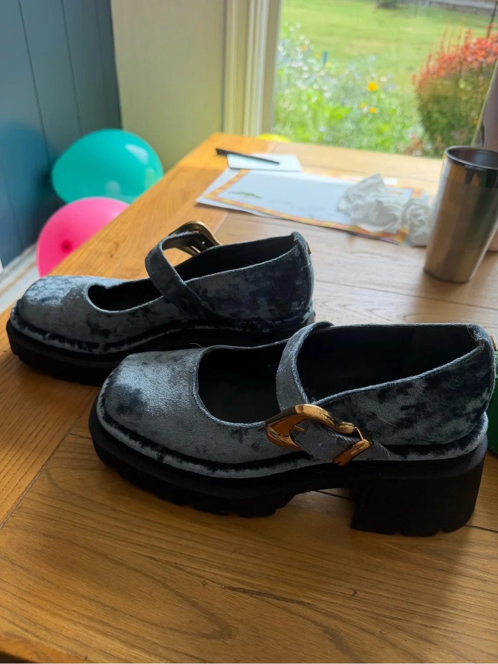 Circus by Sam Edelman Blue Velvet Mary Jane Platforms with Gold Buckles